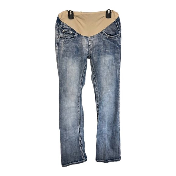 Indigo Blue Womens Maternity Jeans~Sz Small~Blue Distressed Secret Belly L14 38 - Picture 1 of 9
